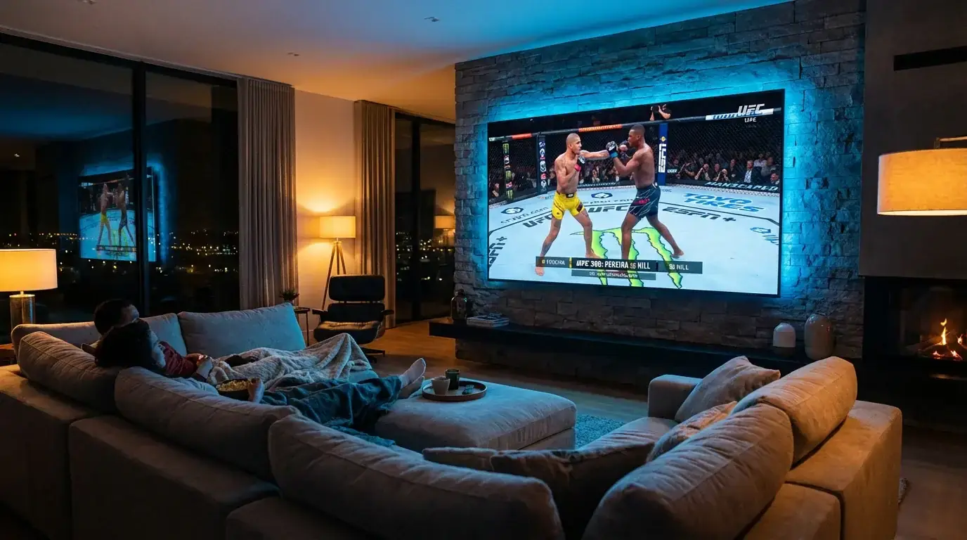 Television grand écran diffusant un combat UFC en direct dans un salon