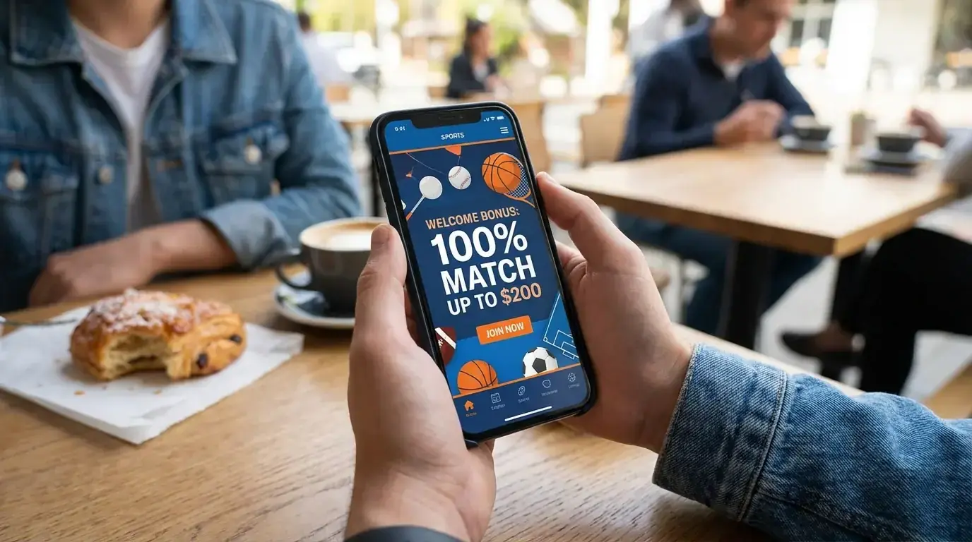 Écran de smartphone affichant une offre de bonus de bienvenue pour paris sportifs