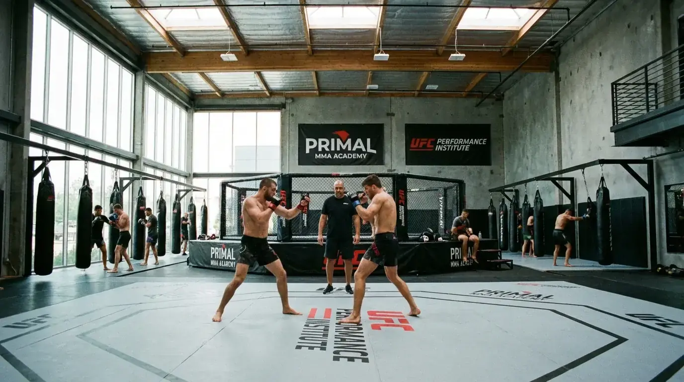 Entraînement MMA dans un camp professionnel avec combattants et entraîneurs