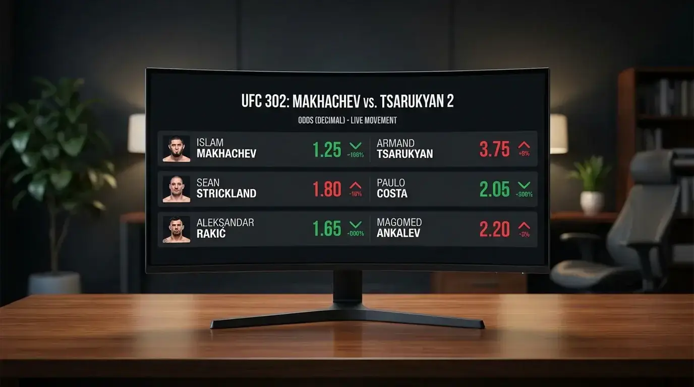 Tableau de cotes de paris sportifs UFC affiche sur écran avec chiffres décimaux