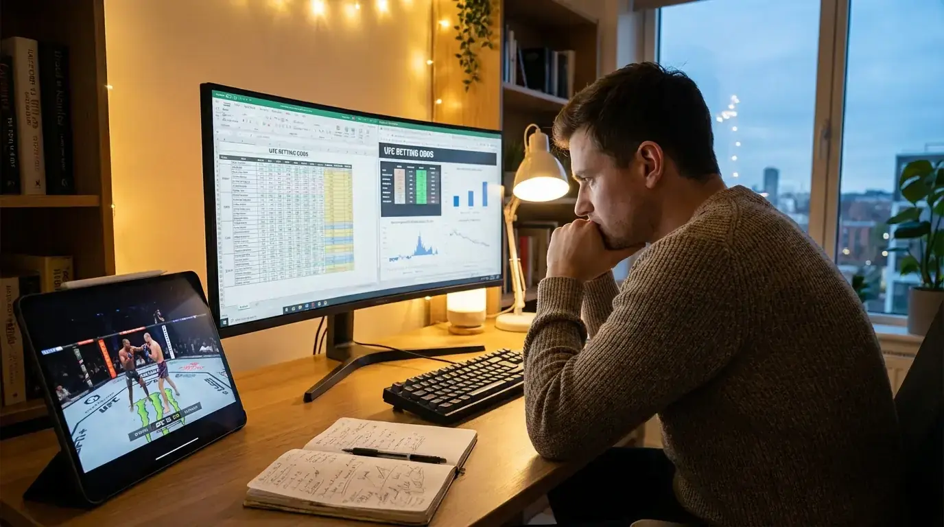 Parieur sportif analysant des cotes UFC sur un écran