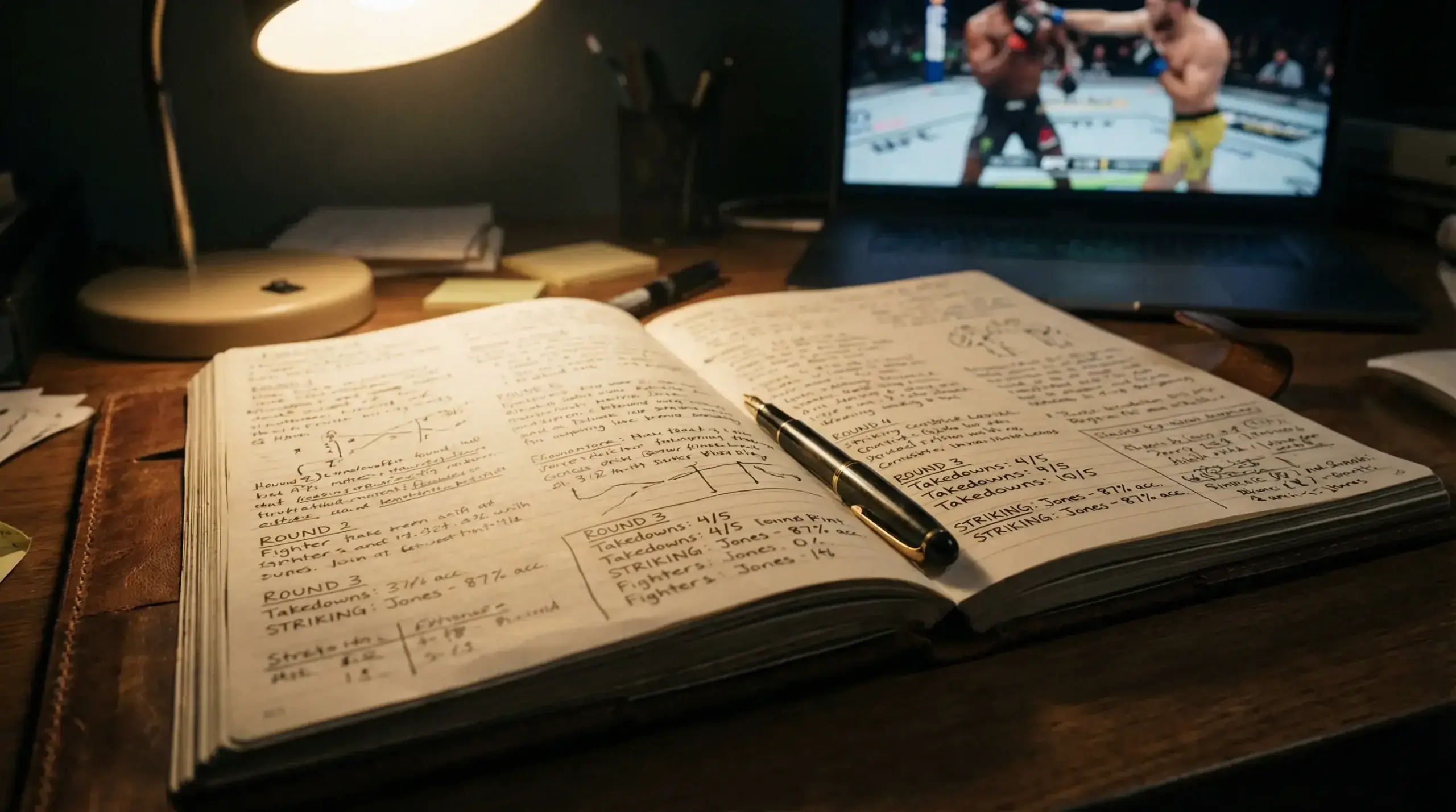 Carnet de notes avec analyse de combat MMA et statistiques de combattants