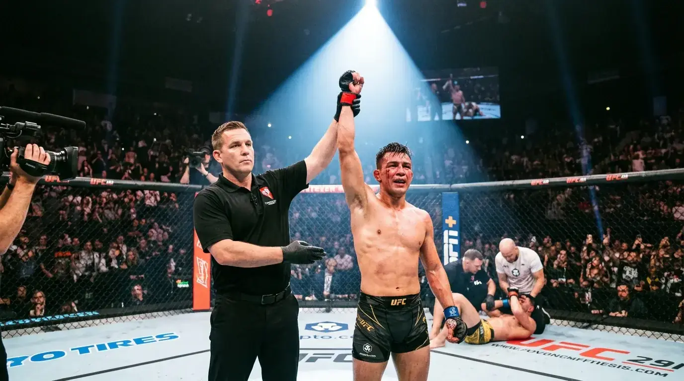 Arbitre MMA levant la main du vainqueur après un finish