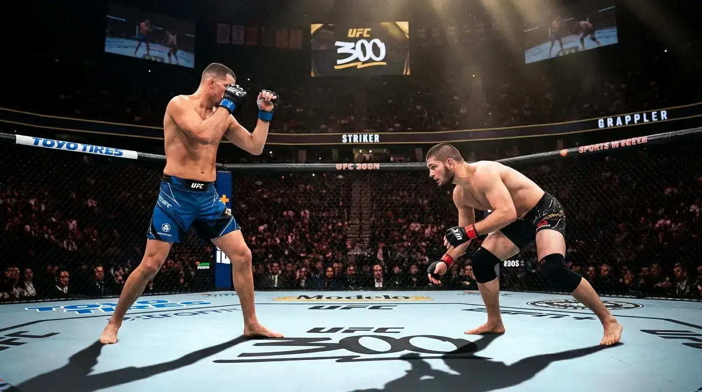 Combat MMA montrant un frappeur face à un lutteur dans l